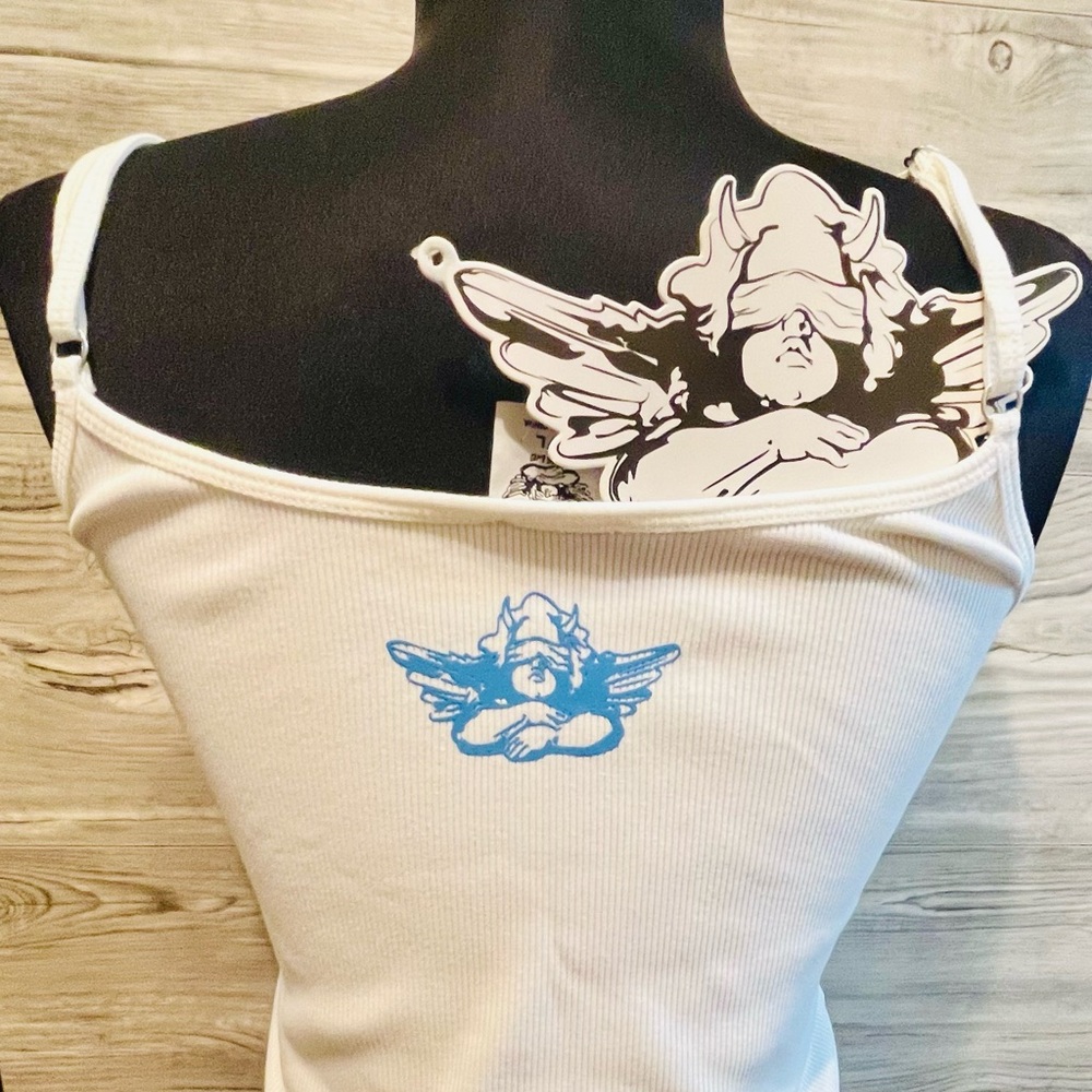 NWT Boys Lie White Ribbed Tank Top Size M/L Crop Top Rhinestone adjustable strap - Picture 7 of 14
